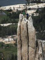 Party on top of Eichorn's Pinnacle, seen from Cathedral Peak. (Category:  Rock Climbing)