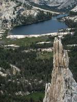 Party on top of Eichorn's Pinnacle, seen from Cathedral Peak. (Category:  Rock Climbing)
