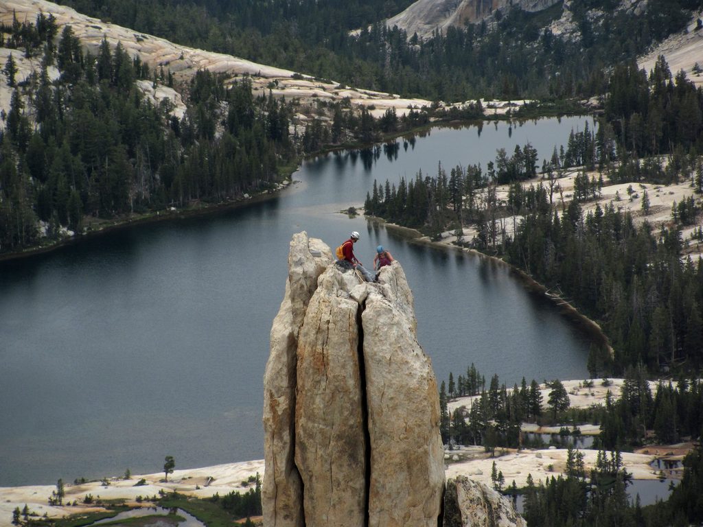 Beth reaches the summit of Eichorn's Pinnacle. (Category:  Rock Climbing)