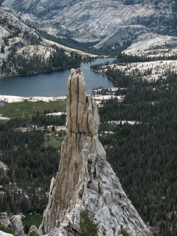 Mike arrives atop Eichorn's Pinnacle. (Category:  Rock Climbing)