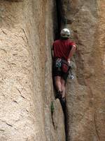 Mike at the start of the offwidth on Penis Dimension. (Category:  Rock Climbing)