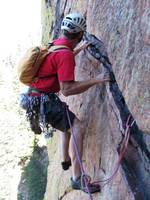 Leading the traverse at the start of pitch 4. (Category:  Rock Climbing)