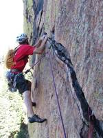 Leading the traverse at the start of pitch 4. (Category:  Rock Climbing)