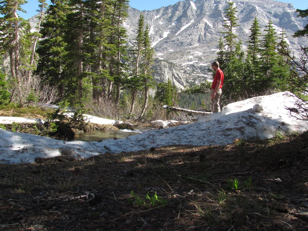 Mike building a bridge across the creek. (Category:  Rock Climbing)