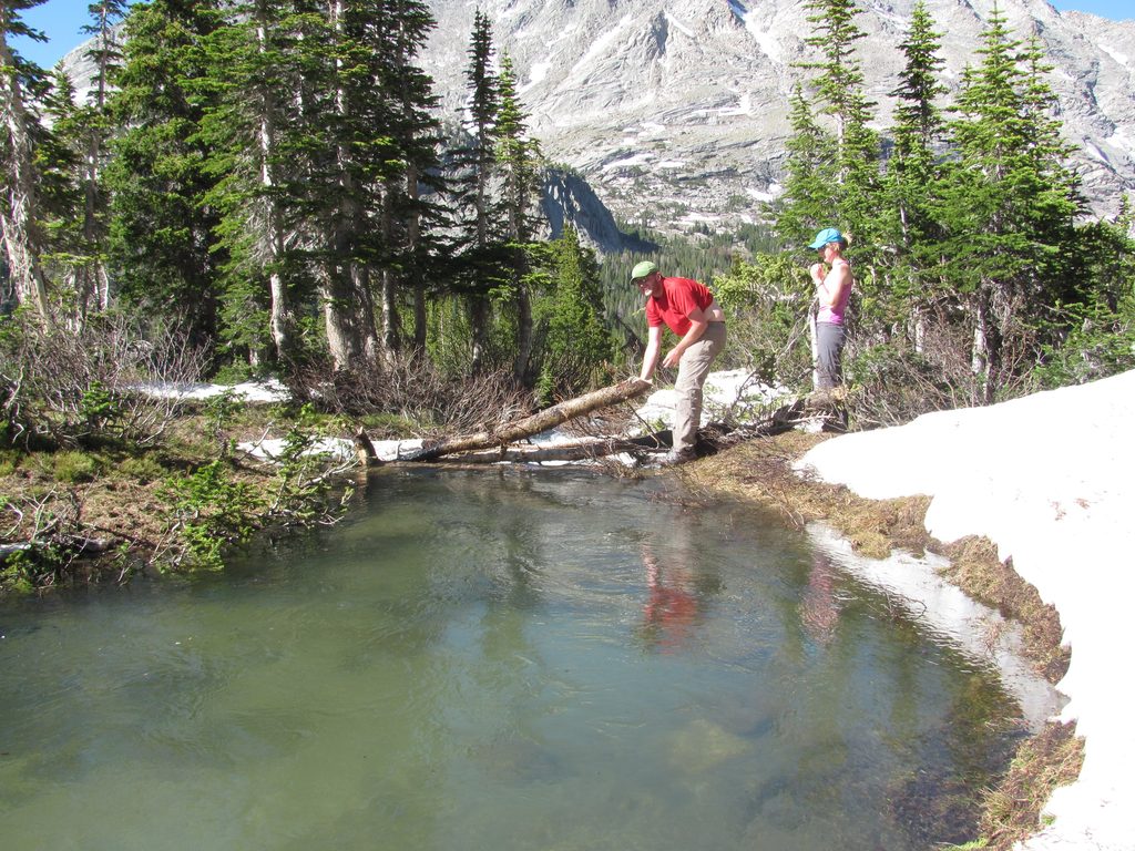 Oh noes!  Late in the day, snowmelt has cause the creek to rise and submerged our bridge! (Category:  Rock Climbing)