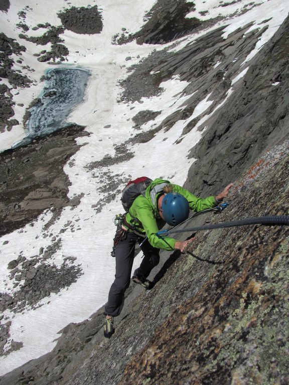 Beth nearing the top of Pingora. (Category:  Rock Climbing)