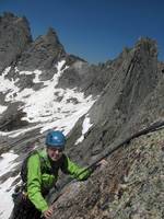 Beth nearing the top of Pingora. (Category:  Rock Climbing)