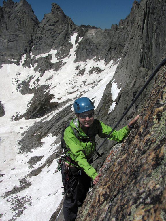 Beth nearing the top of Pingora. (Category:  Rock Climbing)