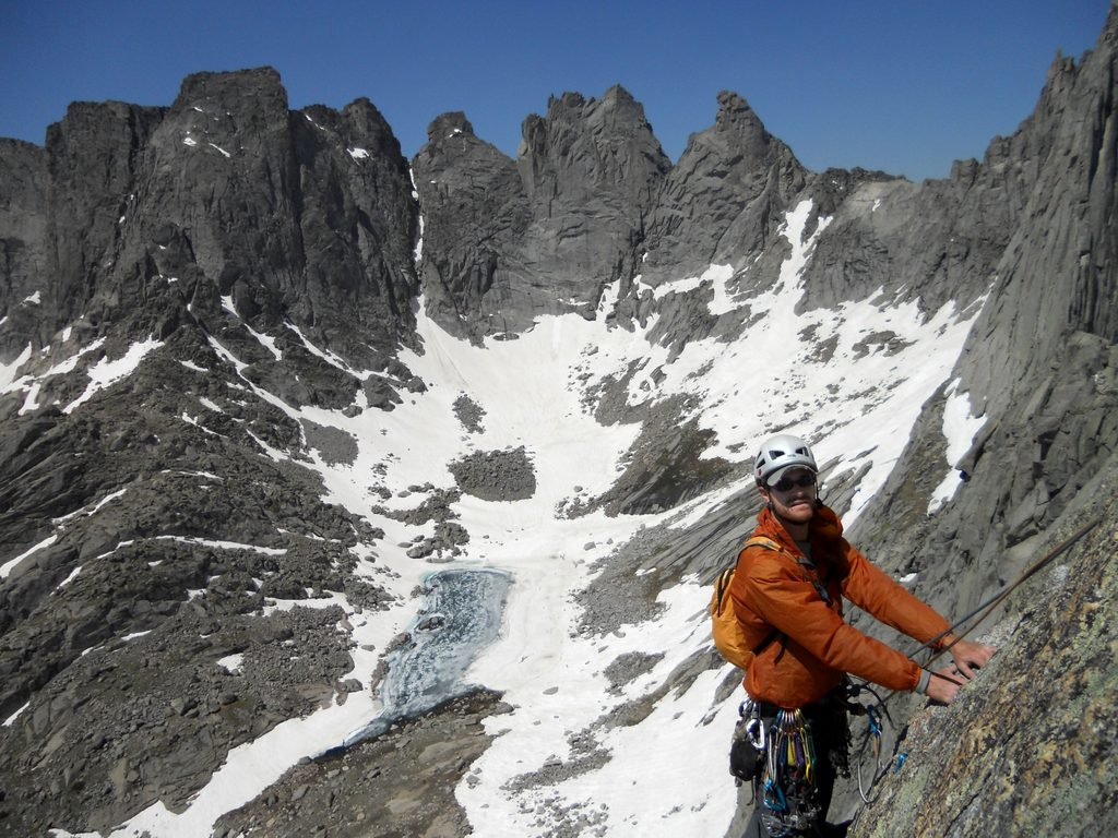 Me at the top of the last pitch on the South Buttress of Pingora. (Category:  Rock Climbing)