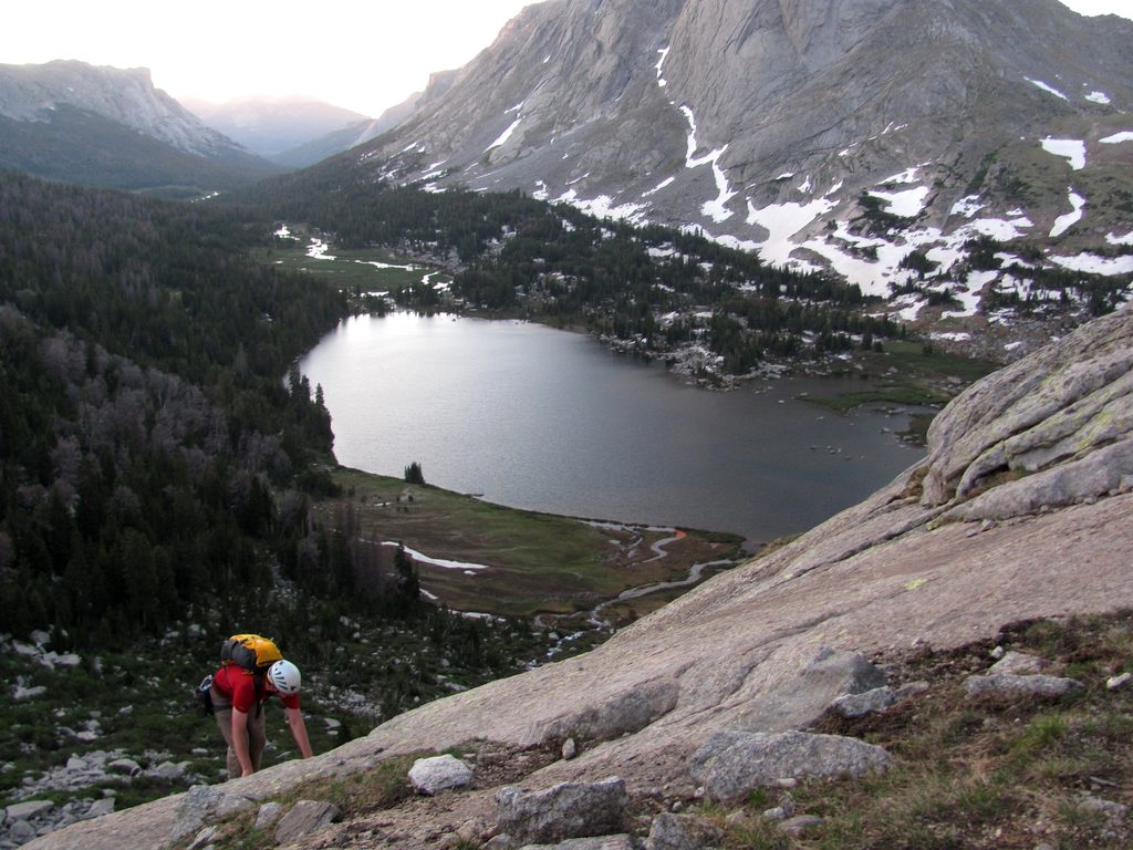Mike above Lonesome Lake, finishing the approach to Pingora. (Category:  Rock Climbing)