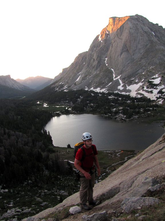 Mike above Lonesome Lake, finishing the approach to Pingora. (Category:  Rock Climbing)