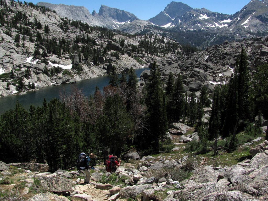 Beth and Mike above North Lake, hiking out of the cirque. (Category:  Rock Climbing)
