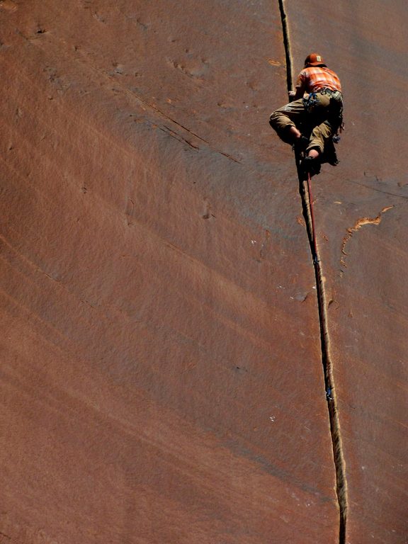 Guy leading Supercrack. (Category:  Rock Climbing)