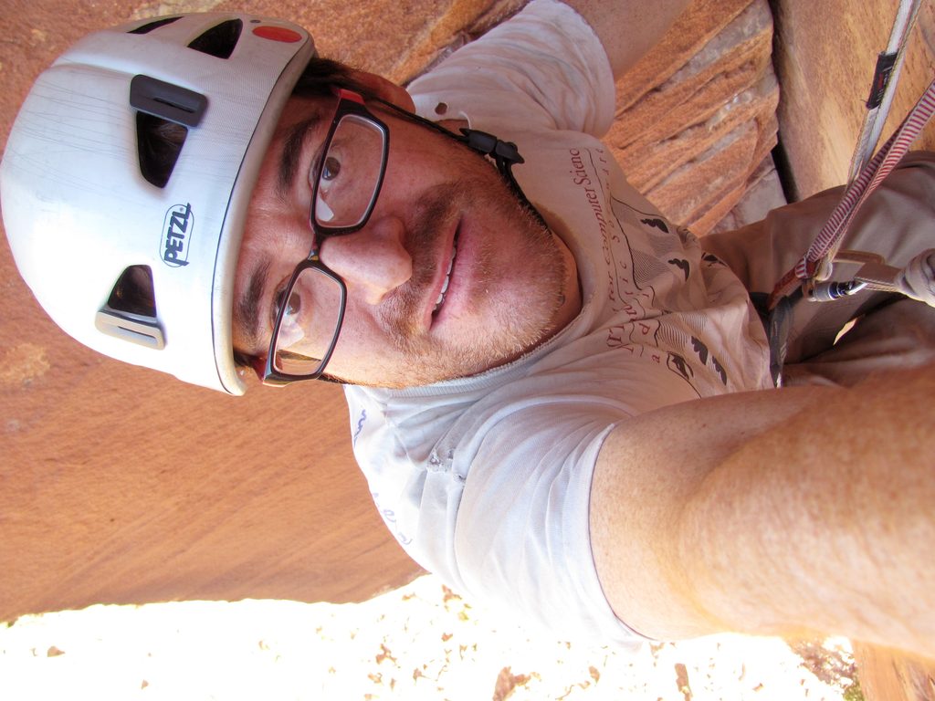 I had time to kill while Guy was obscured by the overhang, so I took this self portrait. (Category:  Rock Climbing)