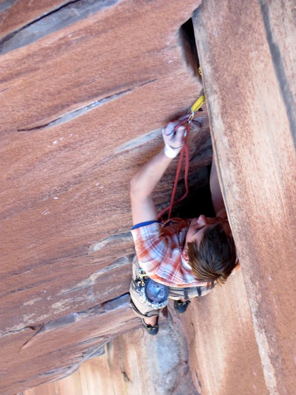 Guy leading Incredible Hand Crack. (Category:  Rock Climbing)