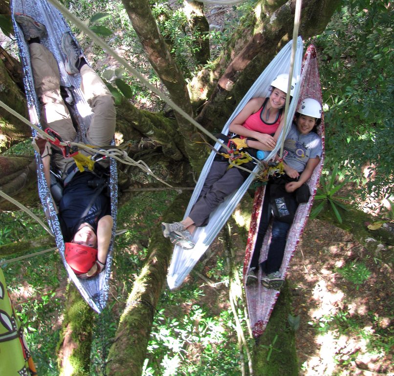 Laetitia, Wesley and Becky relaxing in hammocks... seventy feet above the ground. (Category:  Travel)