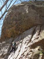 Amy approaching the crux of Johnny B Good. (Category:  Rock Climbing)