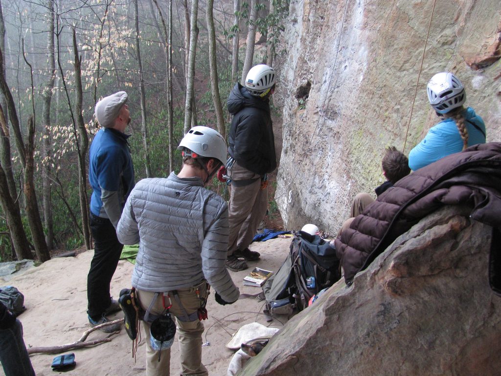 Everyone hanging out in the rain shadow of the big roof. (Category:  Rock Climbing)