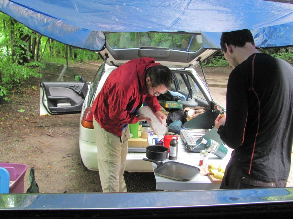 Making pancakes in the rain. (Category:  Rock Climbing)