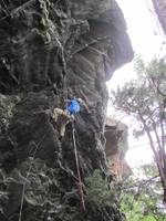 Stick clipping up Noodle. (Category:  Rock Climbing)