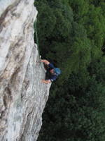 Devin enjoying the stellar arete on Directissima Instantly. (Category:  Rock Climbing)