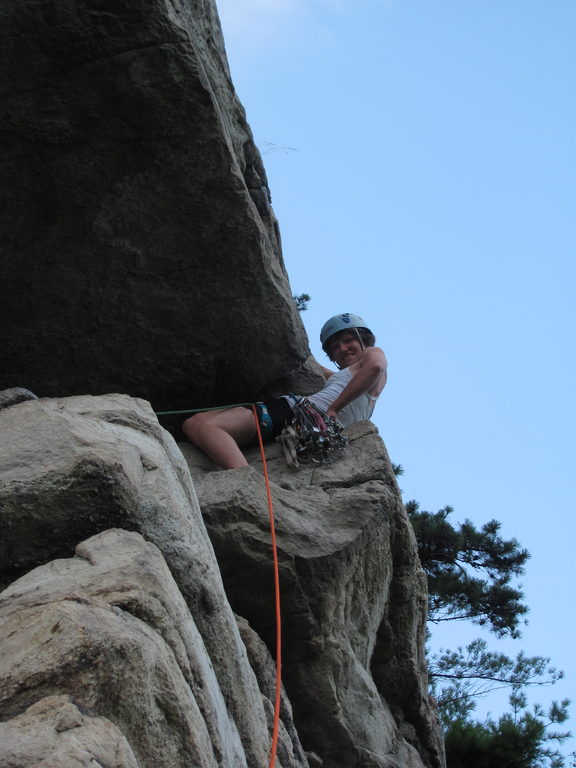 Anna leading the High E pitch. (Category:  Rock Climbing)