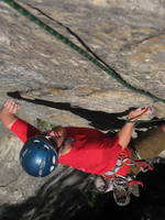 Devin at the crux of Birdland Instantly. (Category:  Rock Climbing)