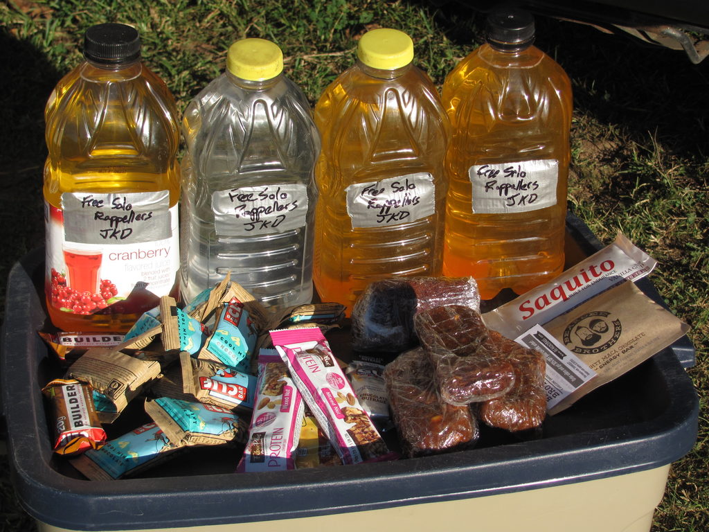 Lots of water and gatorade and food bars.  This is my stash for the comp. (Category:  Rock Climbing)