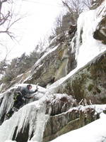 Tammy on the thin flow left of Harlot. (Category:  Ice Climbing)