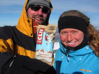 Rob and Casey sharing a victory Clif Bar atop Algonquin. (Category:  Ice Climbing)
