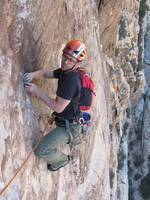 Dave at the slab crux of Dream of Wild Turkeys. (Category:  Rock Climbing)