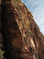 Josh leading the first pitch of Birdland. (Category:  Rock Climbing)