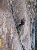 Dave at the slab crux of Dream of Wild Turkeys. (Category:  Rock Climbing)