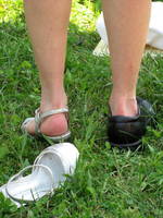 Marissa stomped on a wine glass to end the ceremony. Before doing so, she geared up with the appropriate footwear. (Category:  Party)