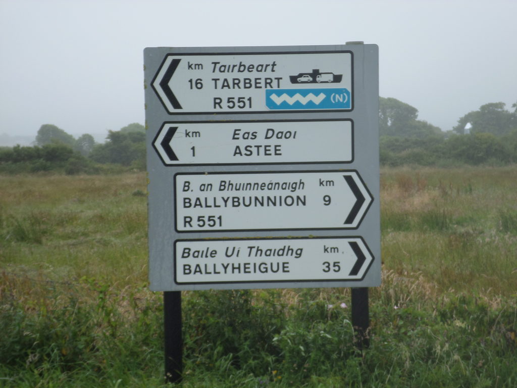 The wavy blue symbol is the sign for the Wild Atlantic Way. The reason for the picture, though, is the symbol for the car ferry--all morning we thought of the boa constrictor eating the elephant (Category:  Travel)