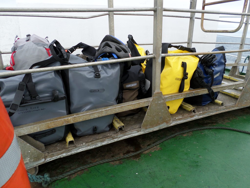 There were several other bikers on the ferry. We were like an Ortlieb promotion. It was a little embarrassing, because most of the other bikers were were snooty and obnoxious (and American), but overall we were still happy about our gear (Category:  Travel)