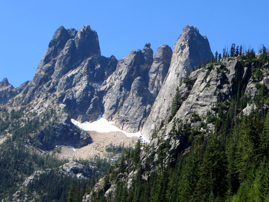 Peaks left to right: South Early Winter Spire, North Early Winter Spire, Lexington, Concord, Liberty Bell (Category:  Rock Climbing)