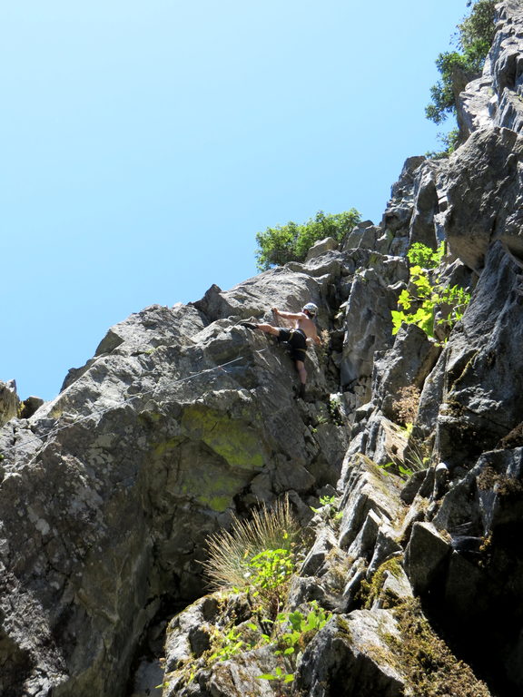 Me attempting to lead The Climb Warp at Area 44. (Category:  Rock Climbing)