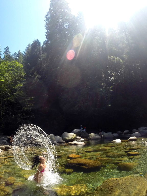 Cat doing an awesome hair flip in Lynn Canyon. (Category:  Rock Climbing)