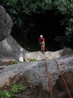 Mike rappelling off Smiley Kylee. (Category:  Rock Climbing)