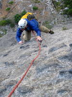 Mike coming up the amazing hand crack on the headwall of Outer Space. (Category:  Rock Climbing)