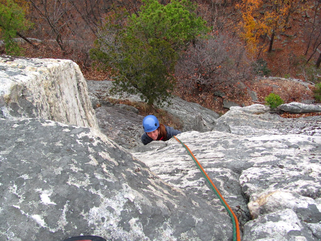 Gretchen contemplating the crux of Maria (Category:  Rock Climbing)