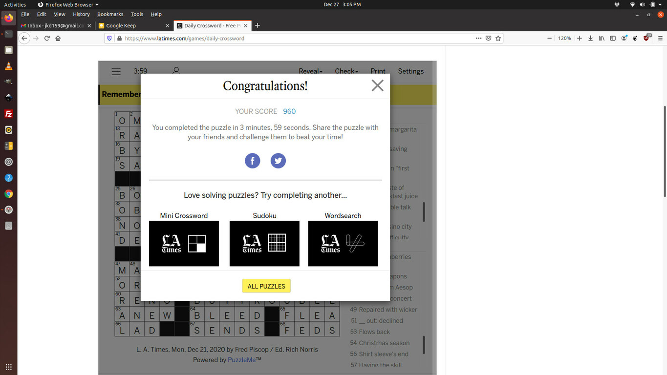 Possibly the first time I've ever done a full size crossword in under four minutes :) (Category:  Party)