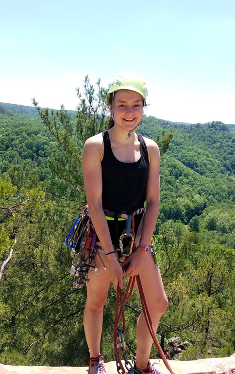 CAMille atop Bedtime for Bonzo (Category:  Rock Climbing)