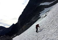 Leader gets both axes. Pound one into the snow mid-pitch (using the #4) for protection. Follower starts with the nut tool. Upgrades to ice axe mid-pitch. Not too sketchy. (Category:  Rock Climbing)