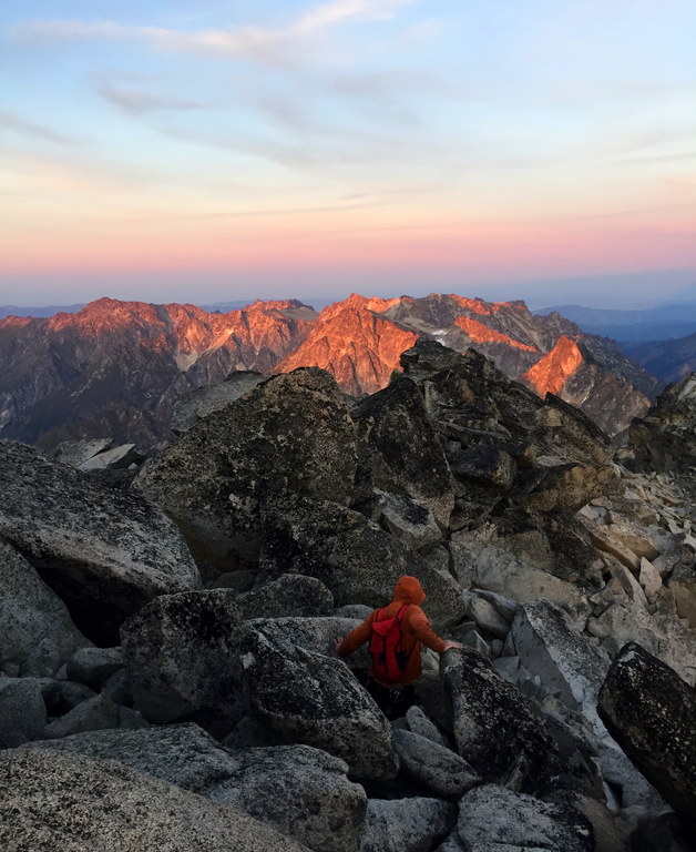 Heading east toward the Cascadian Couloir as the sun sets (Category:  Rock Climbing)