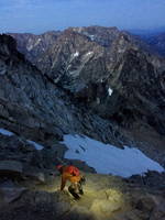 We are in the couloir as we have to turn on our headlamps (Category:  Rock Climbing)