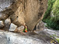 Me leading Rock On. Right at the crux move. (Category:  Rock Climbing)