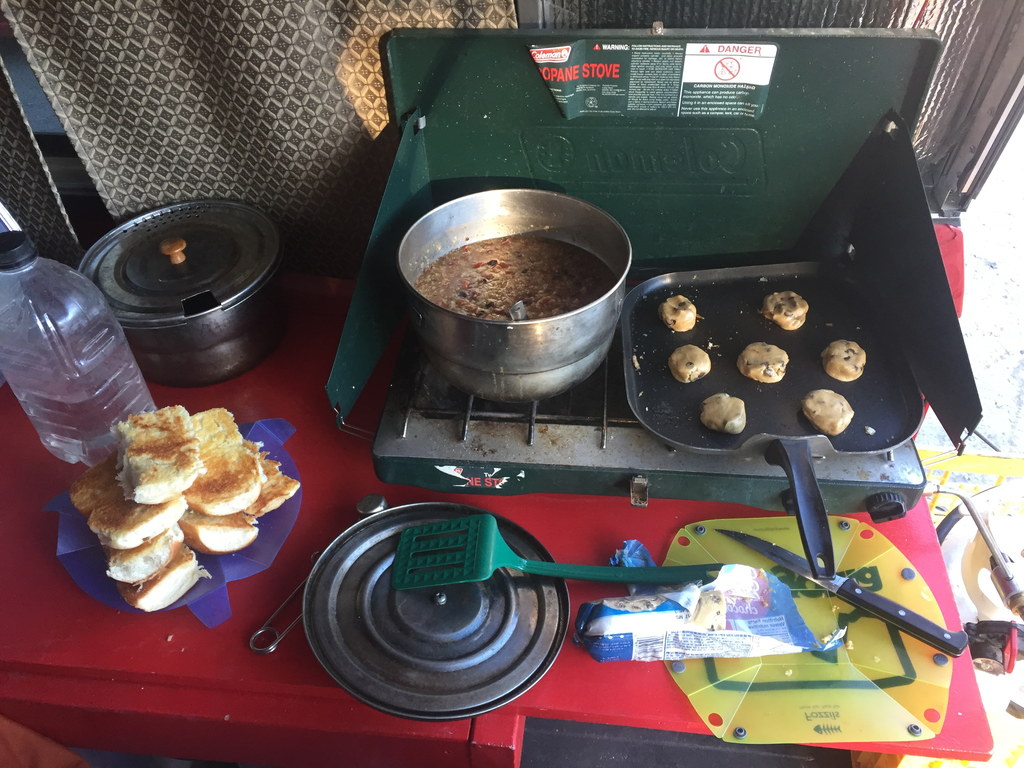 Mounds of butter fried dinner rolls, a gallon of quinoa chili, and skillet cookies!!! (Category:  Rock Climbing)