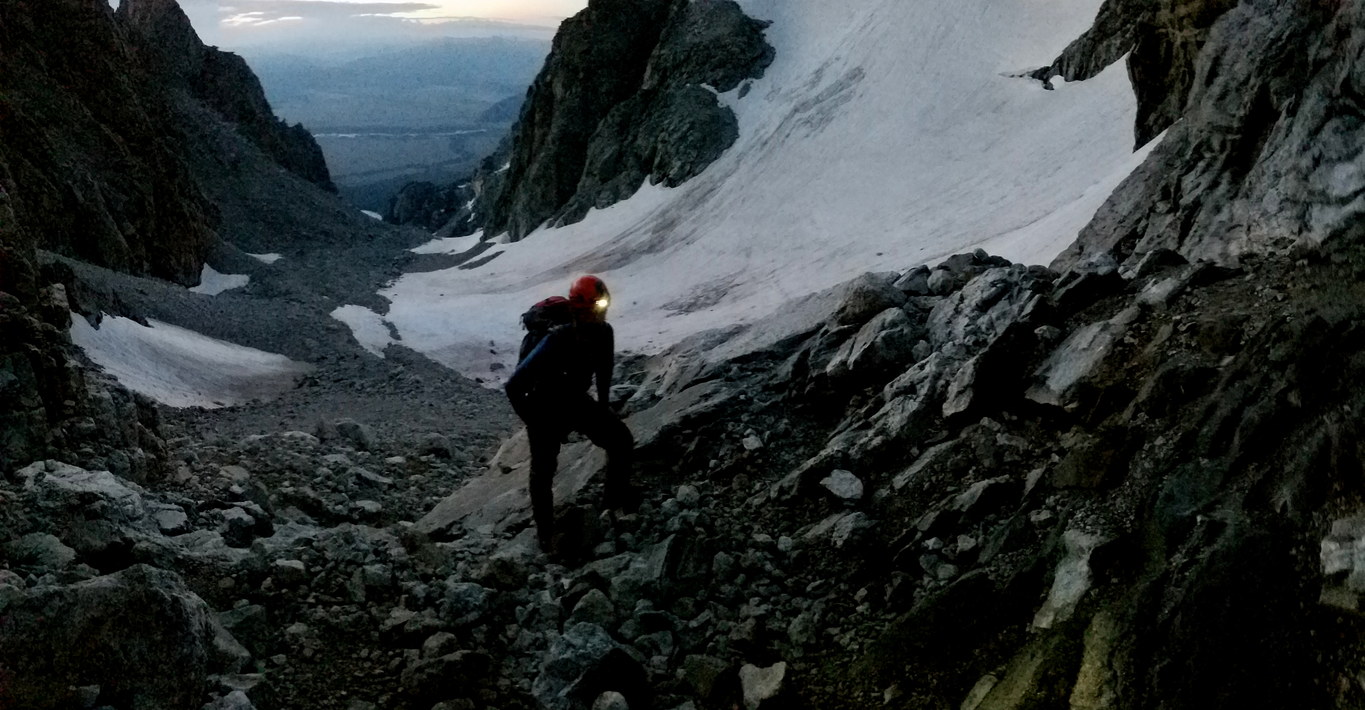 Adam at the lower saddle just before dawn (Category:  Rock Climbing)